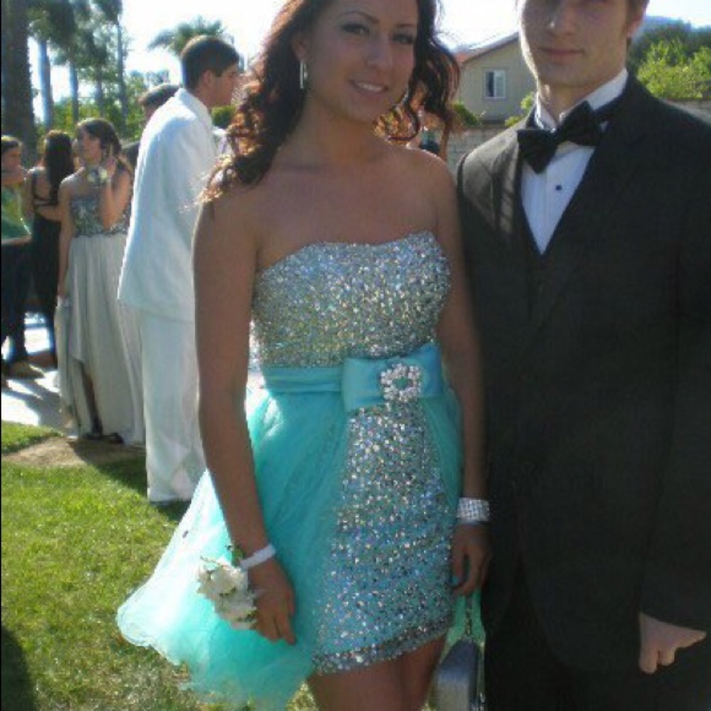 Aqua Embellished Mini Prom Dress